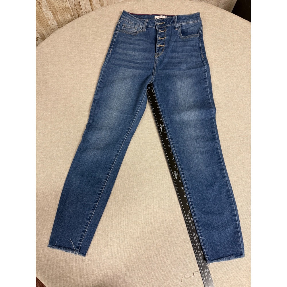 Cello Womens High Rise Skinny Jeans Medium Wash Button Fly Raw Hem Size 9